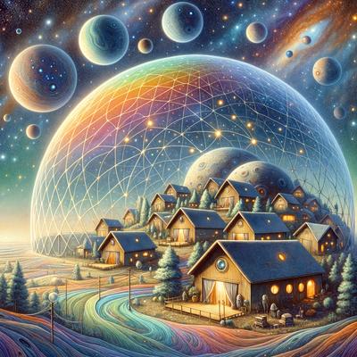 Primary subject: A painting of a village with houses, a dome, and a large planet in the background.

Setting/background: The painting features a village with houses, a dome, and a large planet in the background. The planet is surrounded by other planets, creating a unique and colorful scene.

Visual style: The image is a digital art painting, showcasing a creative and imaginative representation of a village and its surroundings.

Colors and mood: The painting is vibrant and colorful, with a lively atmosphere that evokes a sense of wonder and exploration. The combination of the village, the dome, and the planets creates a sense of harmony and balance within the artwork.